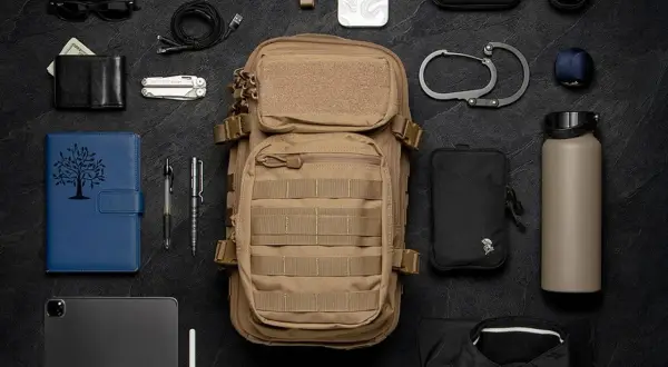 Un bolso molle de color caqui, listo para la aventura, rodeado de elementos esenciales: cartera, navaja, tablet, bolígrafos, botella de agua y más.
