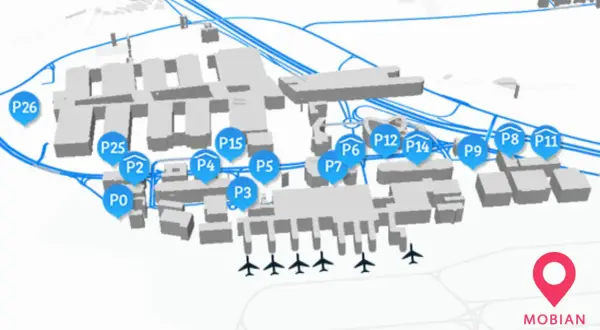 Übersichtskarte des Stuttgarter Flughafens mit Parkplätzen P0-P26. Hier finden Sie Ihre Stuttgart Flughafen P14 Erfahrungen.