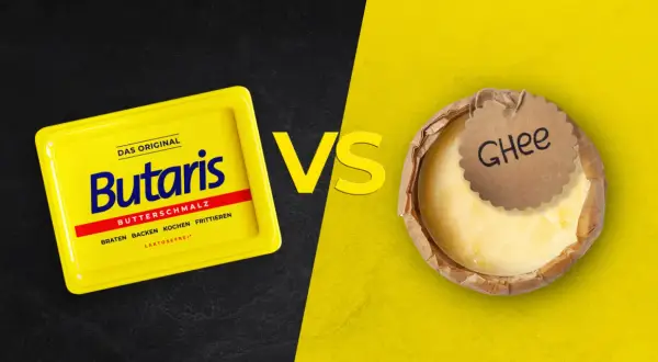 Butterschmalz vs Ghee: Gelbe Dose Butaris Butterschmalz gegen eine runde Form Ghee. Welches ist besser zum Braten, Backen, Kochen?