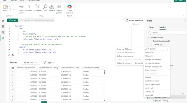 Widok zapytania DAX w Power BI. Widać kod DAX, wyniki zapytania i menu kontekstowe z opcjami, np. "Quick queries".