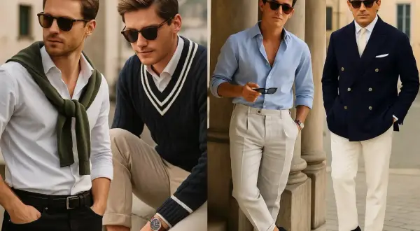 Cuatro hombres con estilo "old money": camisas, jerséis, trajes y pantalones de lino, gafas de sol y relojes.