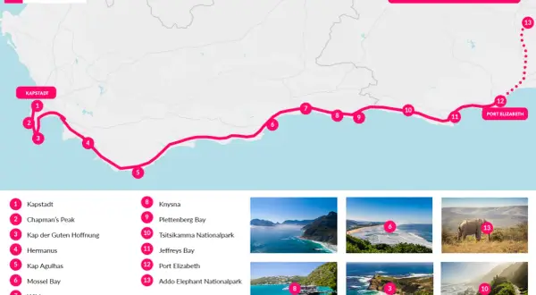 Karte der Garden Route in Südafrika mit 13 Stationen, von Kapstadt bis zum Addo Elephant Nationalpark. Tolle Garden Route Tipps für Ihre Reise!