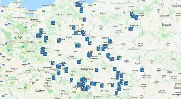 Mapa Polski z zaznaczonymi punktami kontrolnymi odcinkowy pomiar prędkości a1.
