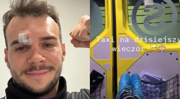 Mężczyzna z opatrunkiem po uderzeniu w łuk brwiowy, w tle wnętrze karetki.