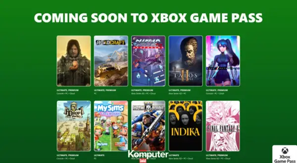 Grafika przedstawia okładki gier dostępnych w Xbox Game Pass, z napisem "Coming Soon to Xbox Game Pass".