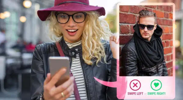 Kobieta z telefonem i profilem mężczyzny z przyciskami "swipe left" i "swipe right".