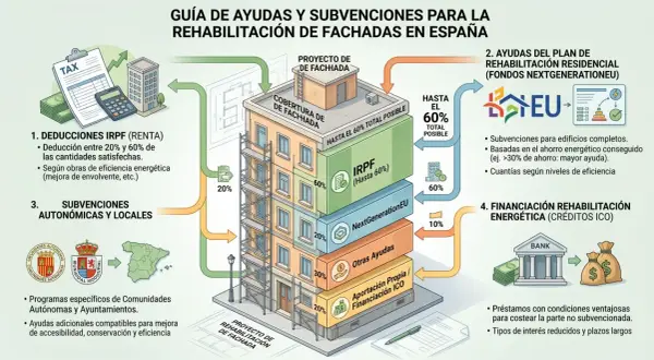 Guía de ayudas para la rehabilitación de fachadas en España, mostrando un edificio con andamios y diferentes niveles de financiación.