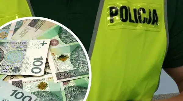 Policjant w kamizelce odblaskowej, obok stos banknotów 100 zł. Zastanawiasz się, ile wynosi emerytura policjanta po 25 latach pracy netto?