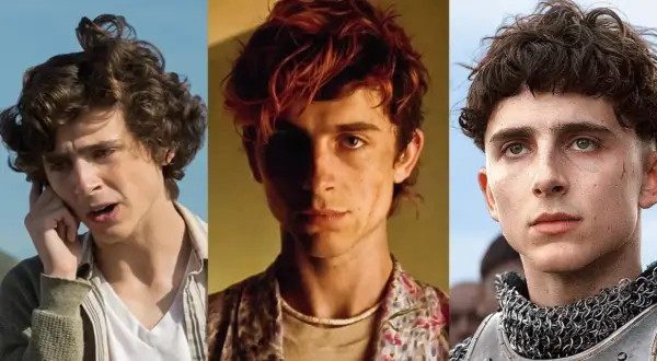 Timothée Chalamet i tre olika roller från filmer. En ung man med lockigt hår pratar i telefon, en annan med rött hår och blommig skjorta, och en tredje som en medeltida krigare i rustning.