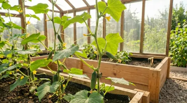 Gurkor växer i ett växthus. Små gurkor och gula blommor syns på plantorna, som klättrar uppåt. Sidoskott gurka ger en riklig skörd.