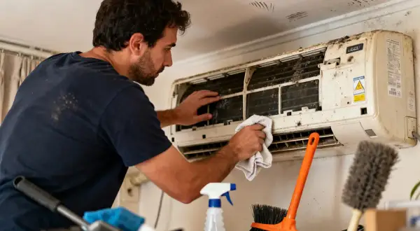 Un homme nettoie une climatisation très sale. L'entretien climatisation locataire est essentiel pour la santé.
