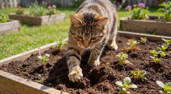 En randig katt smyger i en köksträdgård. Kaffesump mot katter kan vara ett bra sätt att skydda dina plantor.