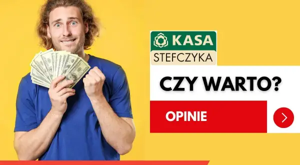 Mężczyzna z zaskoczoną miną trzyma wachlarz banknotów dolarowych na żółtym tle.