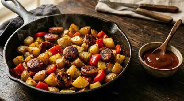 Heißer Dampf steigt auf von Bratkartoffeln mit Bratwurst und Paprika in einer Gusseisenpfanne. Dazu eine Schale mit Dip.