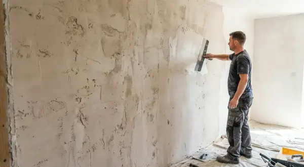 Un homme applique de l'enduit sur un mur texturé, prêt à peindre un mur déjà peint sans poncer.