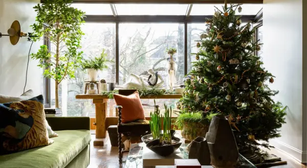 Cozy apartment Christmas decor features a decorated tree, green sofa, and a large window overlooking trees.