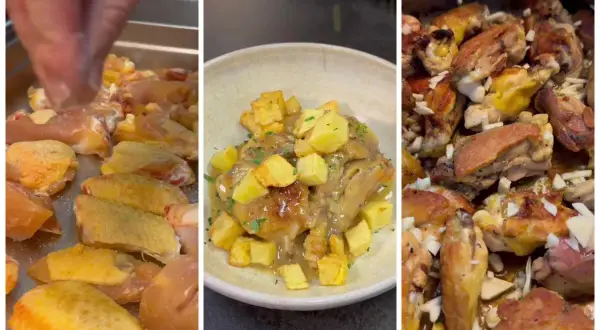 Preparación de pollo al ajillo: alitas crudas, plato servido con patatas y pollo cocinado con ajo.