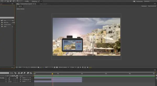 Aparat z obiektywem na tle greckich wysp, efekt "lens flare" w After Effects.