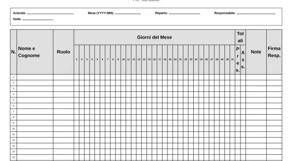Foglio presenze mensile Word da scaricare gratis. Modulo per registrare presenze giornaliere, totali, note e firme.