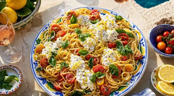 Spaghetti all'assassina, un plat de pâtes aux tomates cerises, burrata crémeuse et basilic frais, arrosé d'huile d'olive et de zeste de citron.