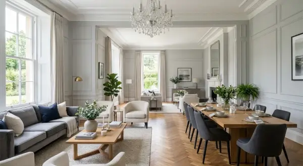 Elegancki salon w stylu angielskim z szarą sofą, drewnianym stołem i kryształowym żyrandolem.