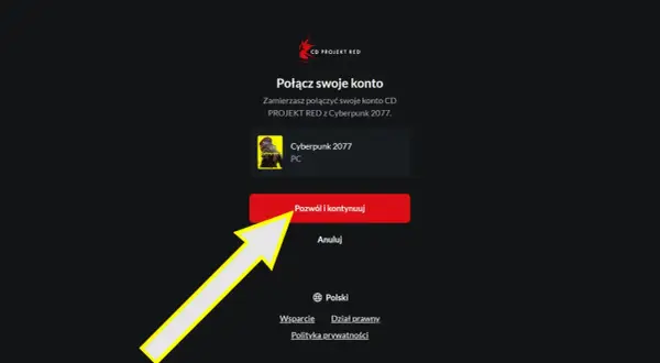 Ekran logowania do gry Cyberpunk 2077. Wybór polskiego języka i opcji "Pozwól i kontynuuj" sugeruje polski dubbing.