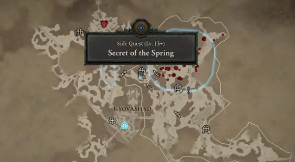 Mapa z gry Diablo 4, zaznaczona misja poboczna "Tajemnice źródła" (Secret of the Spring) w okolicach Kyovashad.