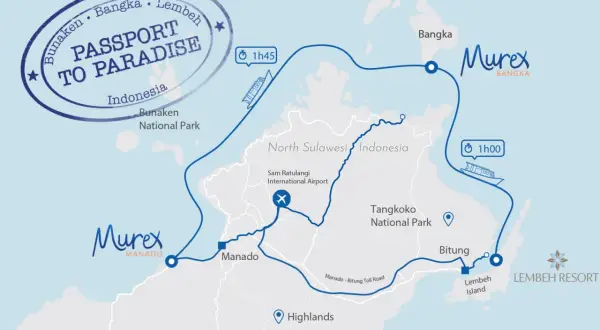 Karte für Sulawesi Backpacking: Route von Manado über Bangka nach Lembeh Island. Inklusive Flugzeit und Fährverbindungen.