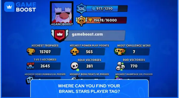 Profil gracza w Brawl Stars: 15707 trofeów, 2645 zwycięstw 3v3, 281 zwycięstw solo.