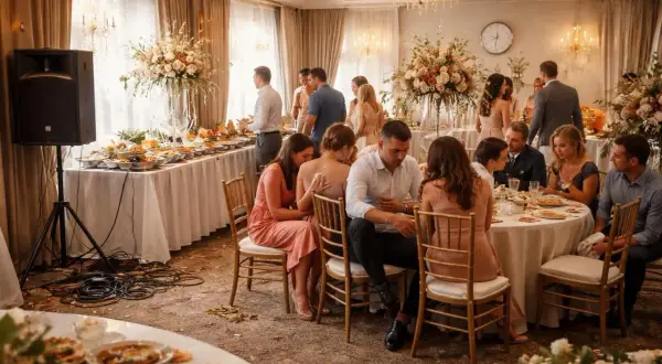 Réception de mariage à Strasbourg. Des invités sont assis à des tables décorées, un buffet est dressé.