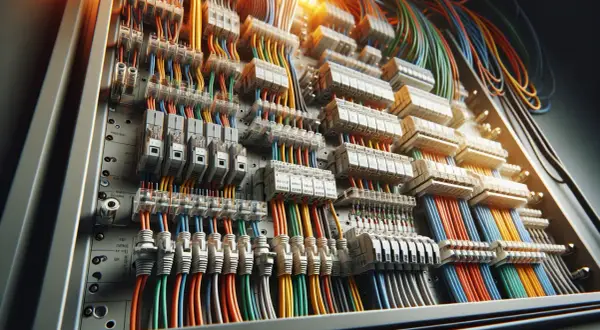Zbliżenie na rozdzielnicę elektryczną z wieloma przewodami i bezpiecznikami.