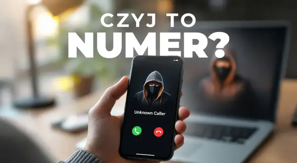 Dłoń trzyma smartfon z ekranem pokazującym "Unknown Caller" i sylwetkę w kapturze. Napis "Czyj to numer?" sugeruje nieznane połączenie.