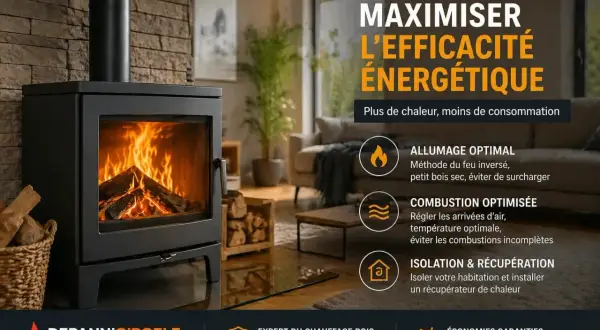 Un poêle à bois moderne et efficace, idéal pour maximiser l'efficacité énergétique. Un ramonage régulier assure une combustion optimale.
