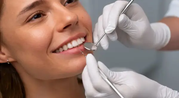 Uśmiechnięta kobieta u dentysty. Czy bonding niszczy zęby? Specjalista bada uzębienie pacjentki.