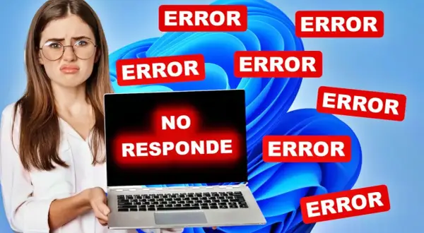 Mujer frustrada con laptop que no responde y múltiples errores. ¿Solución? Reiniciar controladores gráficos.