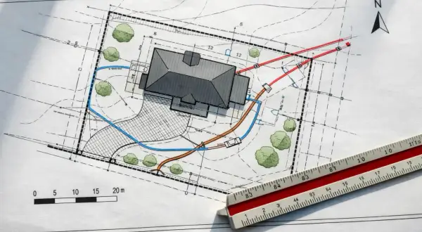 Projekt zagospodarowania terenu z domem, drzewami i zaznaczonymi instalacjami. Linijka geodezyjna obok.