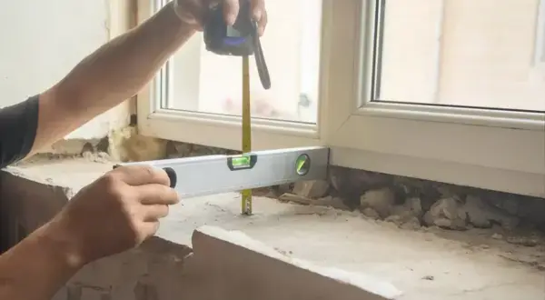 Ręce mierzą i poziomują miejsce pod montaż parapetów wewnętrznych.