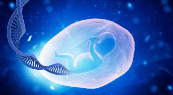 Dziecko w łonie matki, otoczone płynem, obok spirali DNA. Symbolizuje początek życia i jego genetyczne dziedzictwo. To piękny obraz ciąży.