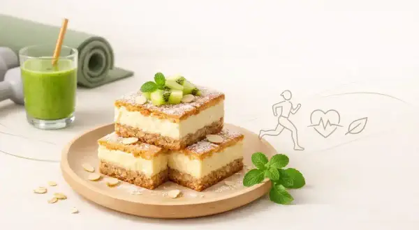Pyszne ciasto z odżywką białkową, ozdobione kiwi i miętą, obok zielonego smoothie i akcesoriów sportowych. Idealne dla aktywnych!