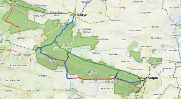 Mapa turystyczna z zaznaczonymi szlakami w Świętokrzyskim Parku Narodowym. Atrakcje przyrodnicze i punkty widokowe.