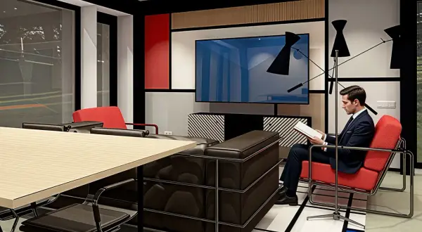 Man i kostym läser i en röd stol i ett rum med bauhaus inredningsstil. Mörkt lädersoffa, stort bord och tv.