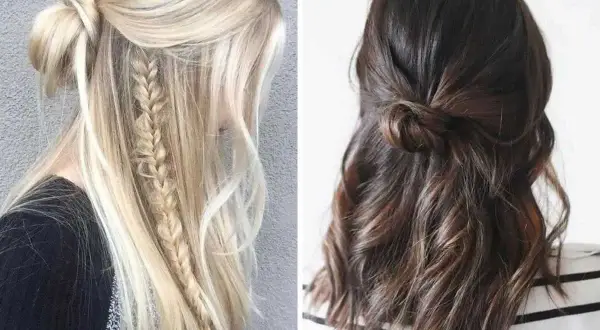 Zwei halb hochsteckfrisuren: Blond mit Zopf und Dutt, Brünett mit Knoten.
