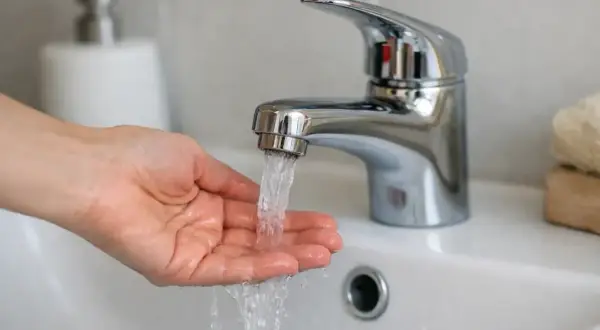 Main tenant se lave les mains sous un robinet d'eau froide. La pression de l'eau est bonne, pas de souci de plus de pression eau froide sur un seul robinet.