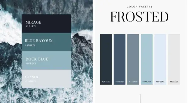 Palette "Frosted" con tonalità blu e grigio che stanno bene insieme, ispirata a onde marine e spruzzi d'acqua.