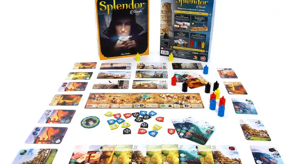 Plansza i karty gry "Splendor Miasta" ukazują splendor miasta, zapraszając do budowania i rozwoju.