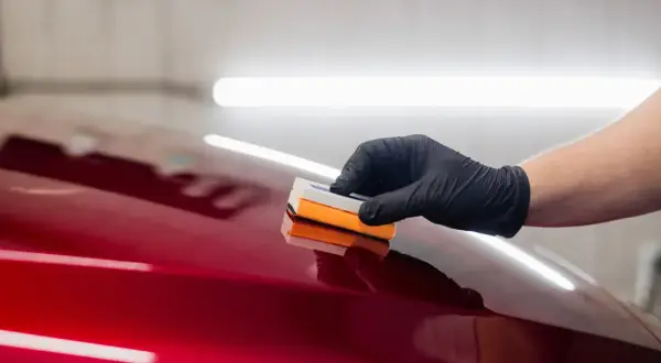 Ręka w czarnej rękawiczce nakłada preparat na błyszczący, czerwony lakier samochodu. Efekt jest olśniewający, niczym **kolor perłowy**.