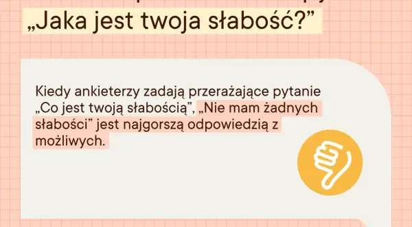 Jak nie odpowiadać na pytania na rozmowie kwalifikacyjnej: „Nie mam żadnych słabości” to najgorsza odpowiedź. Kciuk w dół symbolizuje błąd.