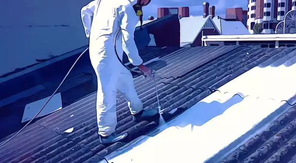 Trabajador con traje protector aplica pintura para uralita en un tejado.