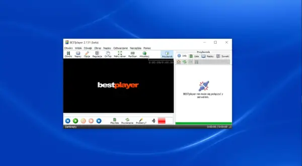 Okno programu BESTplayer z czarnym ekranem i logo, komunikat o braku połączenia z serwerem.