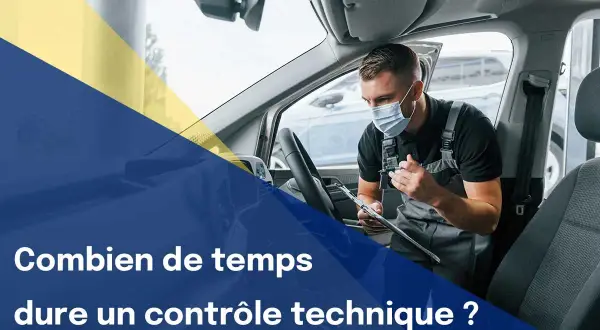 Un mécanicien masqué examine un véhicule. La question "Combien de temps dure un contrôle technique ?" est affichée.